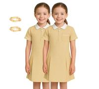 SchoolStitch® Girls Gingham School Dress, Pack of 2 Kids Short Sleeve Zip Up Pleated Check Print Summer Dress with Side Pockets and Hair Bobble, School Uniform Girls Ages 3-20 Yellow