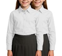 SchoolStitch® Girls Long Sleeve School Shirts, Pack of 2 Plain Collared Button Down Girls Blouse with Cuffed Sleeves, School Uniform White Shirt Kids Ages 3-15+