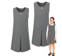 SchoolStitch® Girls School Uniform Pinafore Dresses, Pack of 2 Round Neck Sleeveless Zip Closure Pleated Dress with Heart Pockets, Plain School Uniform Girls Pinafore Dress, Ages 2-16 Grey