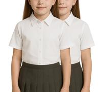 SchoolStitch® Girls Short Sleeve School Shirts, Pack of 2 Regular Fit Collared Button Down Blouse, Plain Non Iron School Uniform Girls White Shirt, Ages 3-15+
