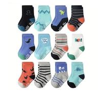 SchoolStitch® Kids Boys Anti-slip Grip Socks, 3, 6 and 12 Pairs Non-skid Crew Socks for Newborns, Infants and Toddlers, Soft Cotton Adorable Dinosaur Design Footwear, Kids Age 0-5 Years