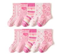 SchoolStitch ® Kids Girls Socks, 5/10 Pairs Breathable Cotton Crew Socks for Toddlers & Infant, Fun Pink, Purple, Red Designs With Flowers, Hearts, Dots & Bunny Patterns, Age 1-8 Years