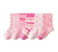 SchoolStitch ® Kids Girls Socks, 5/10 Pairs Breathable Cotton Crew Socks for Toddlers & Infant, Fun Pink, Purple, Red Designs With Flowers, Hearts, Dots & Bunny Patterns, Age 1-8 Years