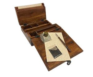 SCHOONER BAY 10-1/2" Colonial Style Distressed, Teak Wood Writing Box Reproduction with Accessories- Antique Reproduction