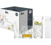 Schott Zwiesel 17-Piece Bar Set Show, Each with 4 Graceful Long Drink, Whiskey and Shot Glasses with Relief, 4 Glass Straws and 1 Cotton Brush, Dishwasher-Safe Crystal Glasses (Art. no. 124010)