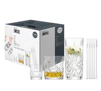 Schott Zwiesel 17-Piece Bar Set Show, Each with 4 Graceful Long Drink, Whiskey and Shot Glasses with Relief, 4 Glass Straws and 1 Cotton Brush, Dishwasher-Safe Crystal Glasses (Art. no. 124010)