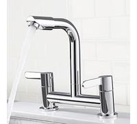 SchSin Kitchen Mixer Tap Dual Lever with 360° Aerator, Swivel Sink Bridge Taps 2 Hole Monobloc Faucet, 180mm Centres Deck Mounted with G1/2 Hose UK Standard Fittings (Chrome)