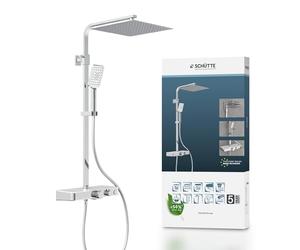 SCHÜTTE Ocean 60530 Shower System with Thermostat and Glass Shelf Shower Set with 30 x 30 cm, Rain Shower with Wall Bracket and Shower Head Shower Panel Shower Column in Chrome/White