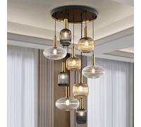 Schuller Valencia Norma hanging light, Ø 80 cm, 9-bulb, black/brass, glass