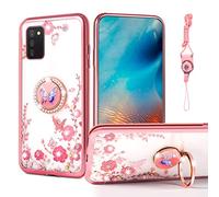 Schutzhülle für Samsung Galaxy A03S, durchsichtig, rosa Schmetterling, Blume, dünn, weiches TPU, stoßfest, transparent, Blumenmuster mit Ring-Ständer, für Galaxy A03S - Rose Schmetterling