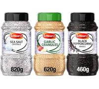 Schwartz Salt, Garlic Granules & Whole Black Peppercorns Bundle - 820g Sea Salt Crystals, 620g Dried Garlic Granules and 460g Whole Black Peppercorns Perfect for Adding Excitment to Every Dish