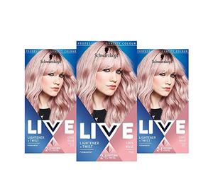 Schwarzkopf Live Lightener + Twist Pink Hair Dye, 3-Pack Permanent Colour with 2-in-1 Lightening + Pastel, 101 Cool Rose