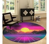 Sci Fi Aurora Round Anti-slip Rug 150 cm, Bedroom Washable Round Carpet, Neon Geometric Grid Soft Circle Short Pile Rug for Kitchen Entryway Laundry Living Room Dining Room