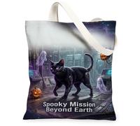 Sci-Fi Cyber Cat Space Adventure Cybernetic Canvas Tote Bag 13x15 Inch | Sci-fi Space Station Background, Fanciful Ghost Illustrations, Jack-o-lantern Accents, Cosmic Atmosphere