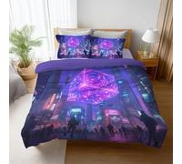 Sci-Fi Duvet Cover Set Soft Comforter Cover Bright Futuristic City Print Pattern 3 Piece Bedding Set with Pillowcase Decor Quilt Cover with Zipper for Kids Adults Double Size Purple 79" x 79"