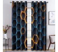 Sci-Fi Hexagon Curtains for Bedroom Living Room, Neon Honeycomb Blackout Curtains Eyelet 54 Drop 2 Panels, Patterned Window Drapes, Home Decor 46x54 Inch B-D25