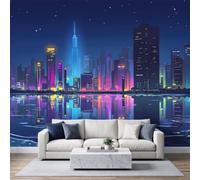 Sci-fi Neon Photo Mural Wallpaper 400W x 280H cm, Durable Modern Night View Cityscape Skyline Wall Art for Living Room Office Nursery Playroom - Tear-Resistant Indigo Wallpaper Wall Poster Decor