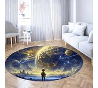 Sci-Fi-Themed 200cm Round Area Rug Mysterious Blue Starry Planet Scene Washable Low Pile Circle Carpet for Boys Teen Room Decor