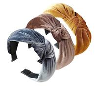 scicent Women's Fashion Headbands 3 Pcs Knot Hairbands for Girls Velvet Hair Band Accessories Elastic Head Wrap Wide Plain Head Bands (Grey, Yellow, Coffee) 12709