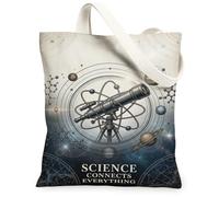 Science Astronomy Quote Telescope Vintage Canvas Tote Bag 13x15 Inch | Vintage scientific illustration, planetary orbital rings, molecular structure patterns, celestial theme, inspirational quote
