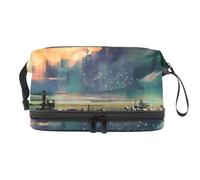 Science Fiction City Landscape Double Layer Cosmetic Bag for Women and Girls, Travel Toiletry Bag Makeup Handy Pouch Organiser Bag with Brush Compartment