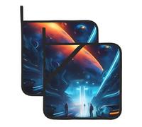 Science Fiction Future Set Of 2 Pot Holders, Kitchen Potholder Set, 8 X 8 Inches, &Perfect For Everyday Baking And Cooking.