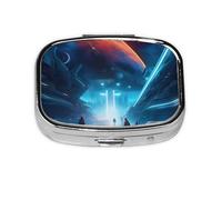 Science Fiction Future Square Pill Box with Full Print Design - Portable Metal Travel Case for Vitamins & Medication, 2.2x1.6x0.7 Inch.
