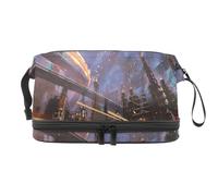 Science Fiction Industrial Building City Double Layer Cosmetic Bag for Women and Girls, Travel Toiletry Bag Makeup Handy Pouch Organiser Bag with Brush Compartment