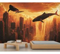 Science Fiction Mural Wallpaper, Urban Architecture Wall Mural, Whale Wallpaper for Living Room Bedroom TV Background Office Decor - 390x260cm
