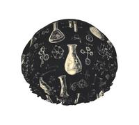 Science Lab Doodle Pattern A Print Shower Caps for Women, Reusable Double Layers Elastic Band Long Hair Bath Caps for Shower