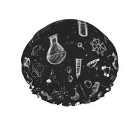 Science Lab Doodle Pattern Print Shower Caps for Women, Reusable Double Layers Elastic Band Long Hair Bath Caps for Shower