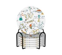 Science Lab Education Biology Chemistry,Round Ceramic Coasters, Mugs Pad, Cups Mat Set of 6 Drinks Coasters With Holder