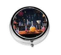 Science Party Pill Case with Mirror Retro 3 Compartment Pill Box Small Pill Organizer for Purse or Pocket Decorative Metal Medicine Vitamin Organizer Unique Gifts