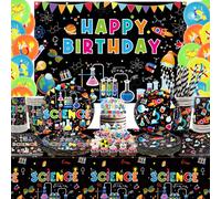 Science Party Supplies, Includes Happy Birthday Backdrop, Plates, Tablecloth, Cups, Balloon and Straws, for Little Scientist Lab Decoration Serves 20 Guests