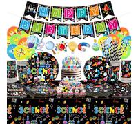 Science Party Supplies, Includes Happy Birthday banners, Plates, Tablecloth, Cups, Balloon and Straws, for Little Scientist Lab Decoration Serves 20 Guests (Banners)