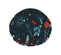Science Pattern Shower Cap Women Reusable Long Hair Caps With Elastic Band Double Layer Bathing Shower Hat For Adults Kids