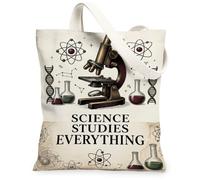 Science Studies Everything Quote Microscope Canvas Tote Bag 13x15 Inch | Vintage scientific illustration, Laboratory glassware motif, DNA helix pattern, Inspirational academic quote