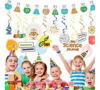 Science Theme Birthday Decoration Kit Science Birthday Banner & Hanging Swirls Ceiling Whirl Streamer Hanging Cutouts Set Mad Science Party for Kids Birthday Baby Shower Chemistry Laboratory Party