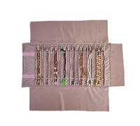 SCIKHEFT Portable Jewelry Roll Untangled Secure Necklace Travel Storage Bag Displays Holder 16 Chain (Embroidery Pink Velvet)