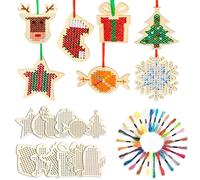 Scinzene 24 Pieces Embroidery Children Christmas Wooden Cross Stitch Set DIY Heart Wooden Hangers for Beginners and Children, Home Christmas Decorations