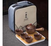 Scizorito Ceramic Portable Travel Tea Set, Chinese Kungfu Tea Set with 360 Rotation Teapot and Infuser, 4 Tea Cups, Tea Tray And Travel Bag (Wood Color Weave)