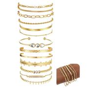 SCJJZ Pack of 13 Golden Boho Bangles for Women, Stackable Vintage Bracelets, Fortune Teller, Pirate and Belly Dancer Jewellery, Multilayer Wrist Jewellery Gift for Women