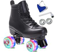 SCNUT Skates Women's Men's High Top Black PU Leather Classic Double Row Adjustable Outdoor Indoor Quad Skates and Roller Derby (Black Flash Wheel, 44-Women's10 / Men's 9)