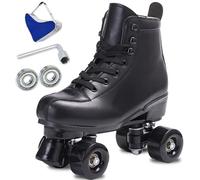 SCNUT Skates Women's Men's High Top Black PU Leather Classic Double Row Adjustable Outdoor Indoor Quad Skates and Roller Derby (Black Wheel, 46-Women's 12 / Men's 11)