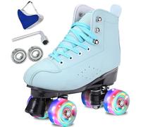 SCNUT Skates Women's Men's High Top Black PU Leather Skates Classic Double Row Skates Adjustable Outdoor Indoor Quad Skates and Roller Derby (Green Flash, 38-Women's 6.5 / Men's 5.5)