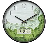SCOAGE 14" Silent Non-Ticking Green Wabi-Sabi Mountain Landscape Wall Clock, Battery Operated Analog Clock with LCD Date Day Temp Display for Living Room Bedroom Kitchen Bathroom Home Office Decor
