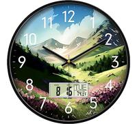 SCOAGE Digital Large Display Silent Wall Clock with Temperature Date Mountain Flowers Modern Non-ticking Battery Operated Mount Clocks Bathroom Kitchen Clock Farmhouse Living Room Office Decor 14 Inch