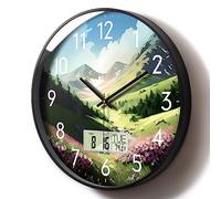 SCOAGE Digital Large Display Silent Wall Clock with Temperature Date Mountain Flowers Modern Non-ticking Battery Operated Mount Clocks Bathroom Kitchen Clock Farmhouse Living Room Office Decor 12 Inch