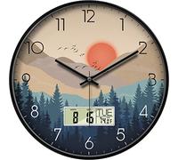 SCOAGE Silent Wall Clock with Date/Temperature/Day of Week LCD Display, 12'' Non-ticking Battery Operated Analog Wall Clock, Mountain Sunset Decorative Clock for Bedroom/Living Room/Kitchen