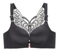 SCOCCA Womens Large Size Wire-Free Push Up Bra Seamless Front Closure Lace Butterfly Beauty Back High Support Daily Bra Black